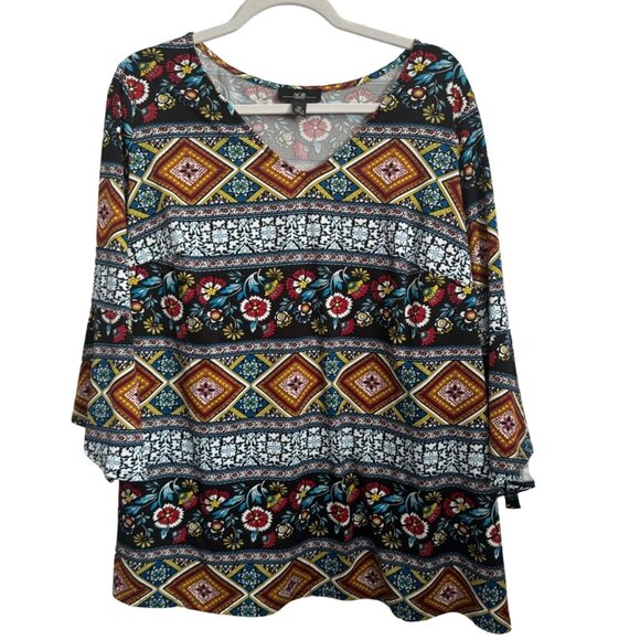 AGB Tops - AGB Women's Boho Tunic Top 2X Colorful Geometric & Floral Print 3/4 Sleeves Top